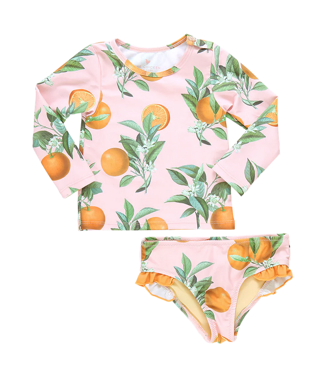 Pink Chicken Rash Guard Baby Set - Pink Botanical Oranges