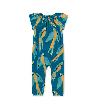 Tea Collection Flutter Sleeve Baby Romper - Blue & Yellow Macaws