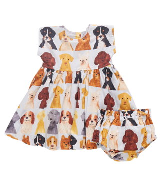 Pink Chicken Adaline Baby Dress Set - Light Blue Watercolor Dogs
