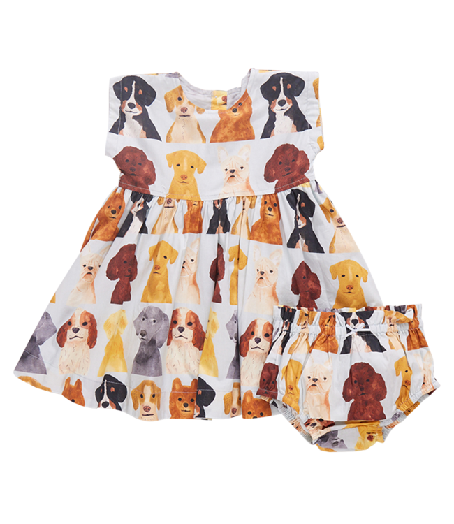 Pink Chicken Adaline Baby Dress Set - Light Blue Watercolor Dogs