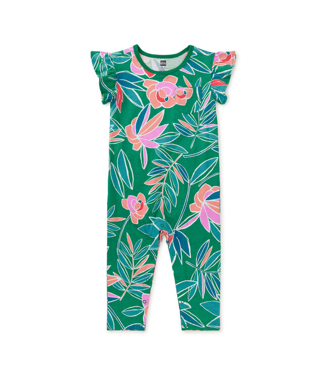 Tea Collection Ruffle Sleeve Pocket Romper - Tropical Gardenias