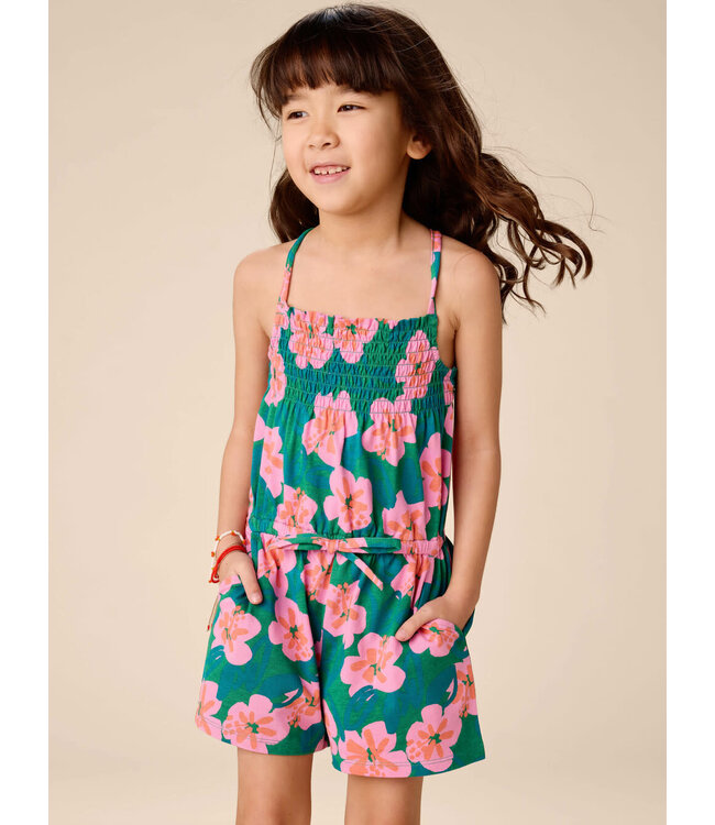 Tea Collection Smocked Strappy Romper - Bold Hibiscu