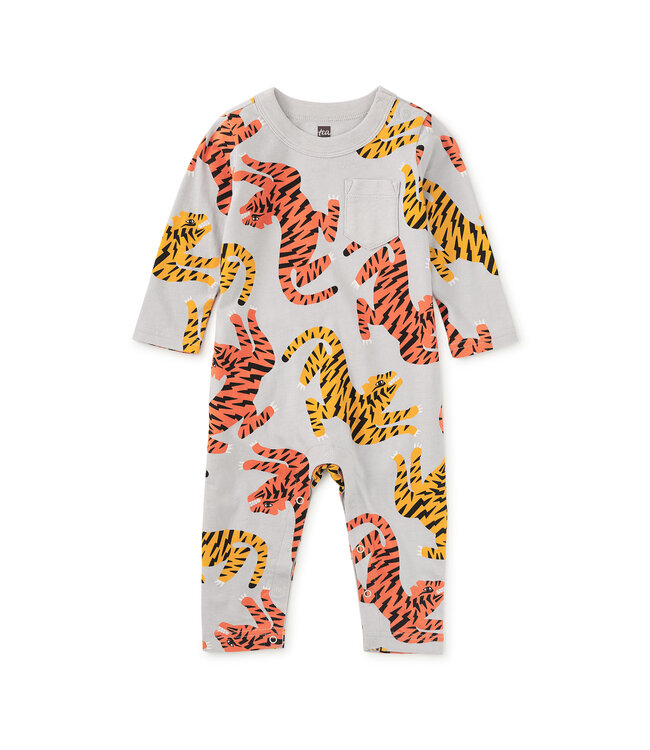 Tea Collection Long Sleeve Pocket Baby Romper - Lightning Tiger