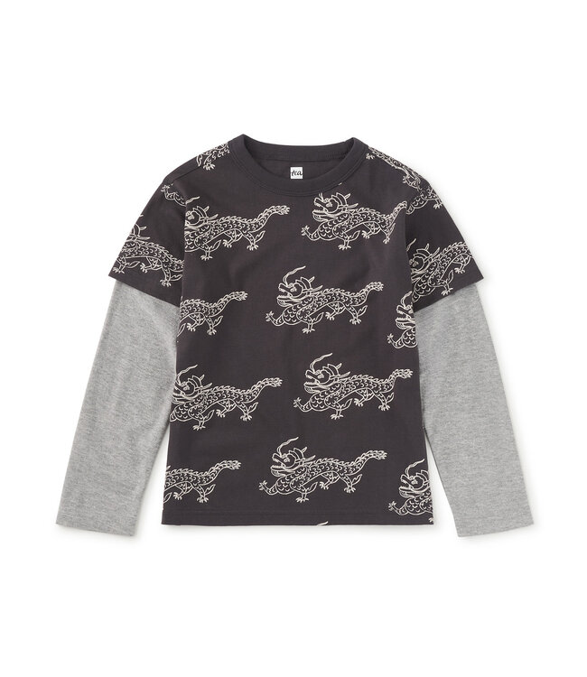 Tea Collection Printed Layered Sleeve Tee - Korean Pottery Dragon