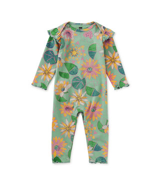 Tea Collection Ruffle Shoulder Baby Romper - Chalk Water Lillies