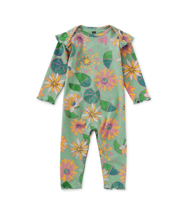 Tea Collection Ruffle Shoulder Baby Romper - Chalk Water Lillies