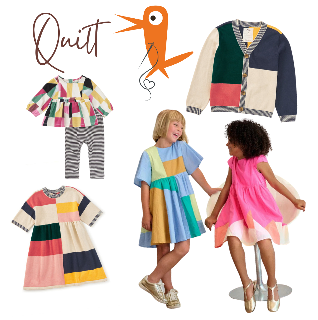 a collection of children's quilt themed clothing