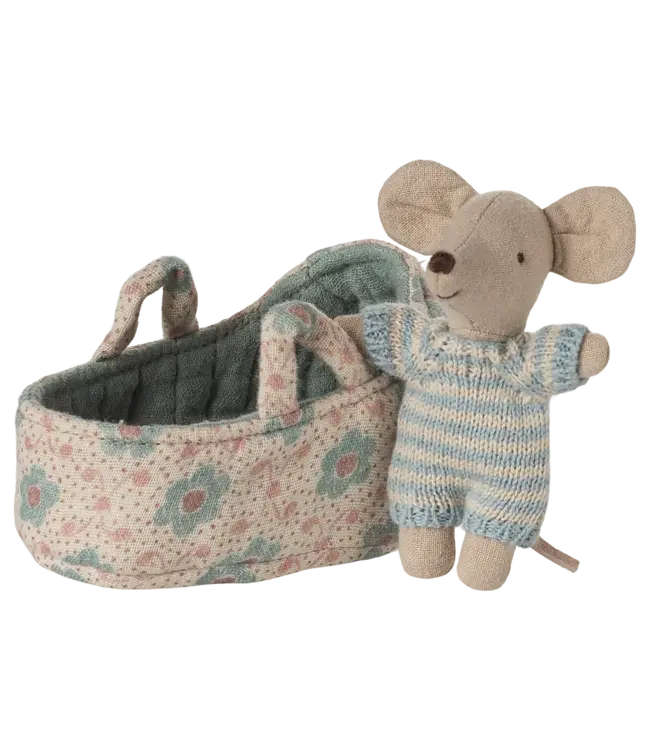 Maileg Baby Mouse in Carry Cot - Blue