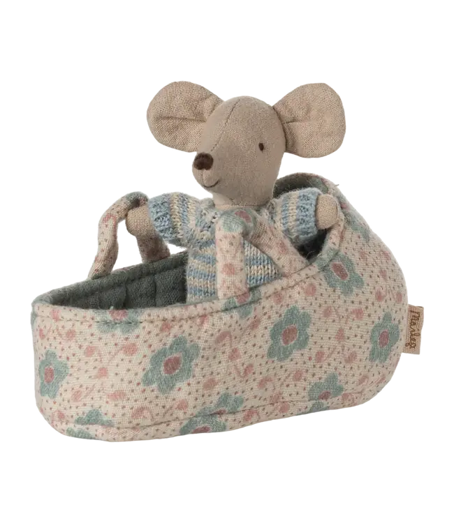 Maileg Baby Mouse in Carry Cot - Blue