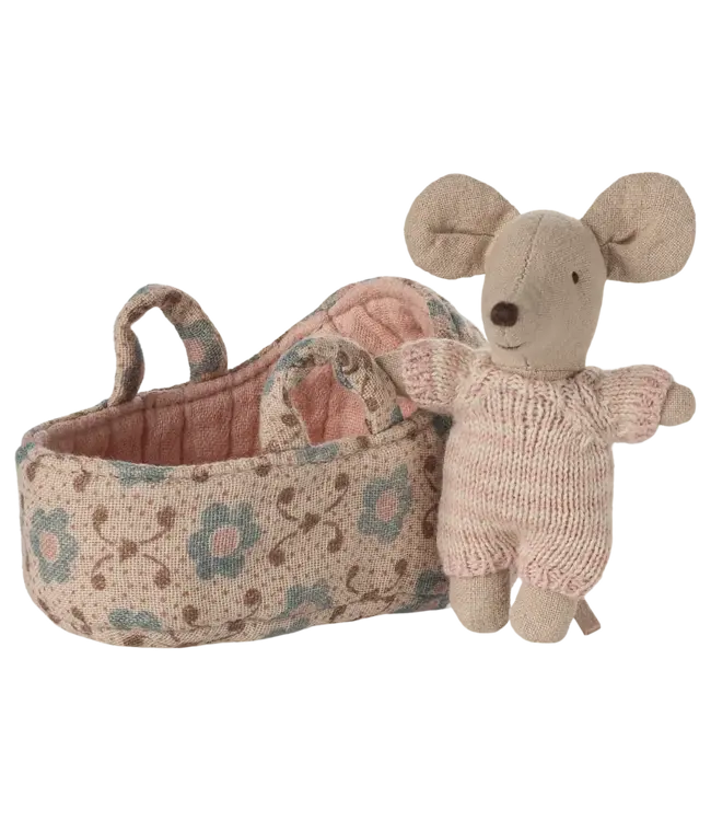 Maileg Baby Mouse in Carry Cot - Rose
