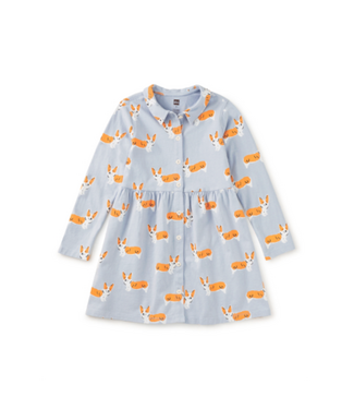 Tea Collection Collared Long Sleeve Shirt Dress - Cutie Corgis