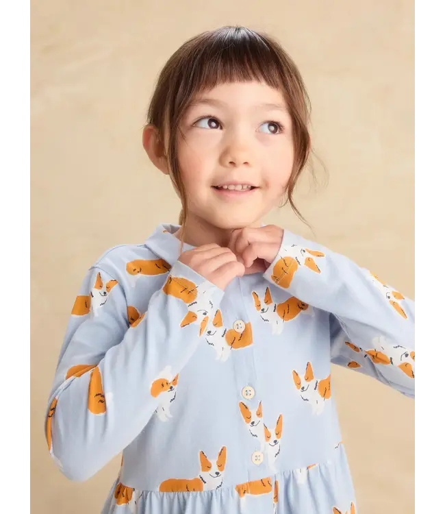Tea Collection Collared Long Sleeve Shirt Dress - Cutie Corgis