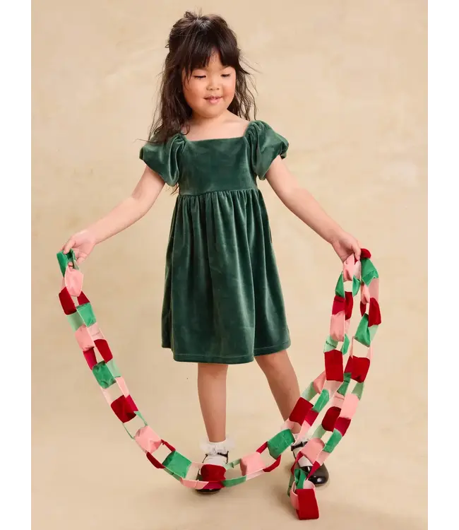 Tea Collection Puff Shoulder Velour Dress - Pineneedle
