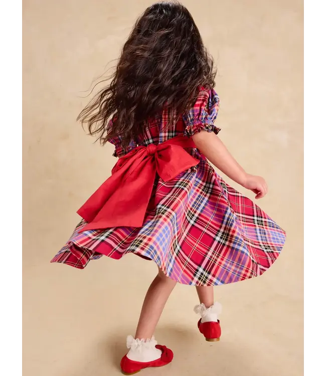 Tea Collection Puff Sleeve Sash Dress - Holiday Market Plaid