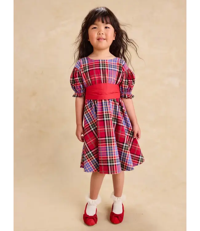 Tea Collection Puff Sleeve Sash Dress - Holiday Market Plaid