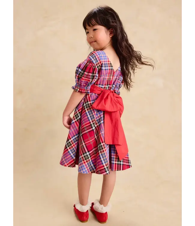 Tea Collection Puff Sleeve Sash Dress - Holiday Market Plaid