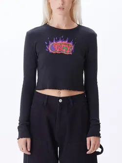 Obey WOMEN'S FLAMING GRAFFITI CROPPED TEE DIGITAL BLACK