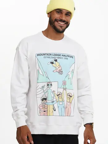 Notice the reckless MOUNTAIN LODGE HALFPIPE CREWNECK WHITE