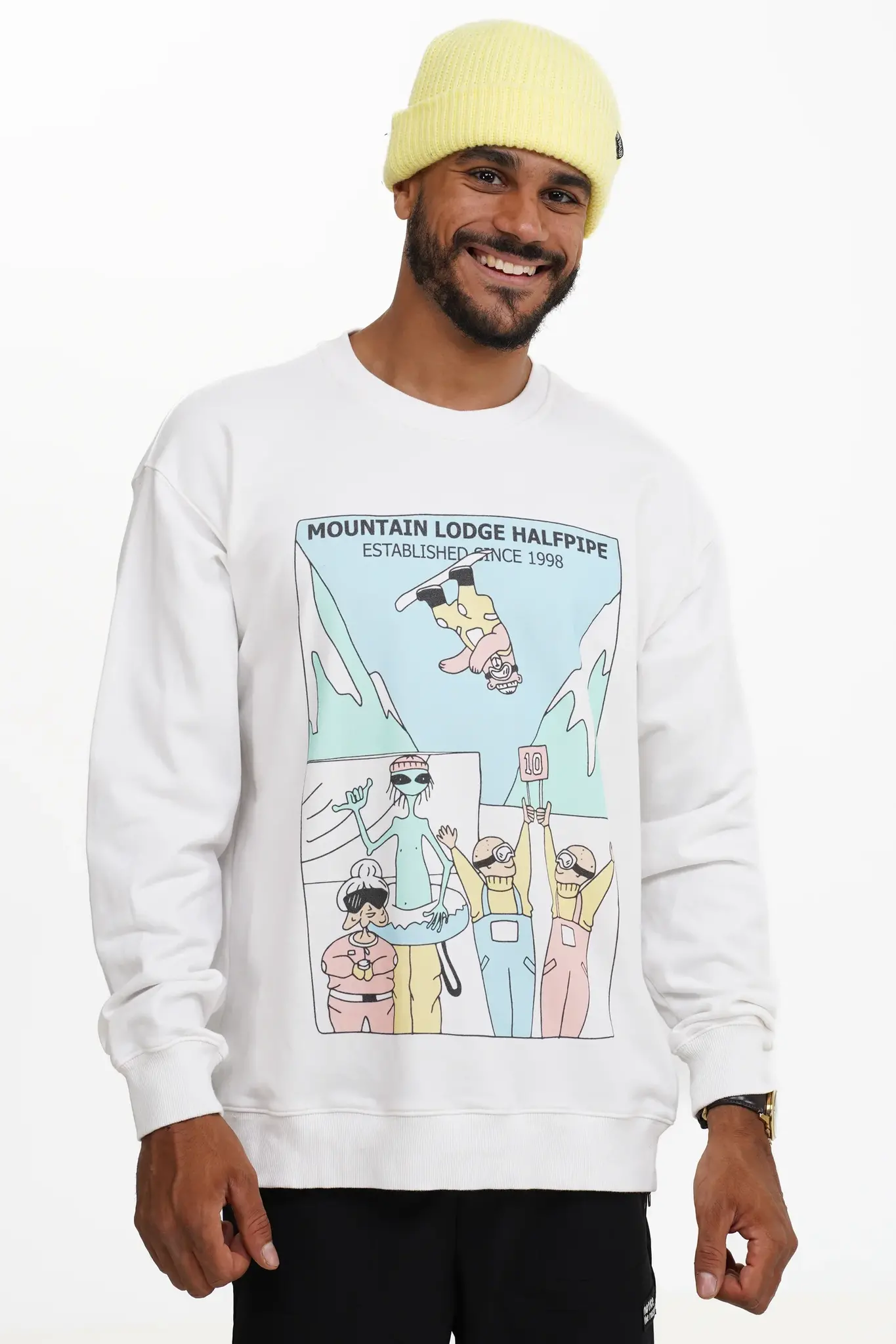 Notice the reckless MOUNTAIN LODGE HALFPIPE CREWNECK WHITE