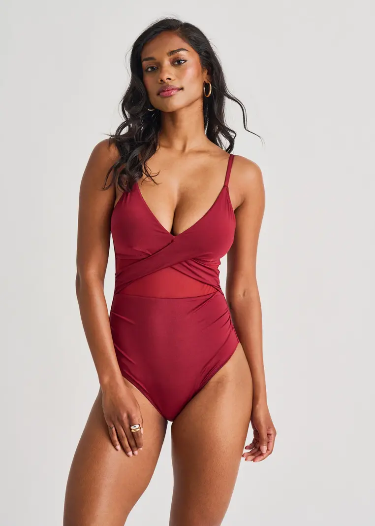 Everyday Sunday TUMMI STRAP CROSS-OVER MESH ONE-PIECE RUBY RED