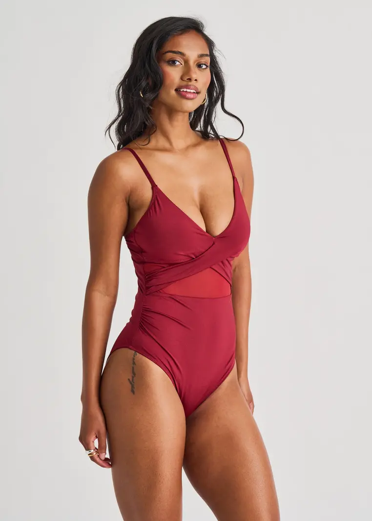 Everyday Sunday TUMMI STRAP CROSS-OVER MESH ONE-PIECE RUBY RED