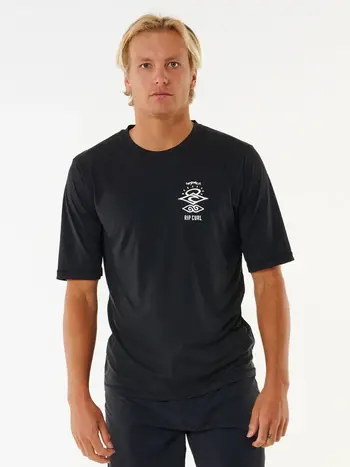 RIP CURL MEN'S ICONS SURFLITE UV SHORT SLEEVE RASH GUARD BLACK