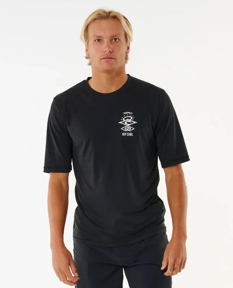 RIP CURL MEN'S ICONS SURFLITE UV SHORT SLEEVE RASH GUARD BLACK