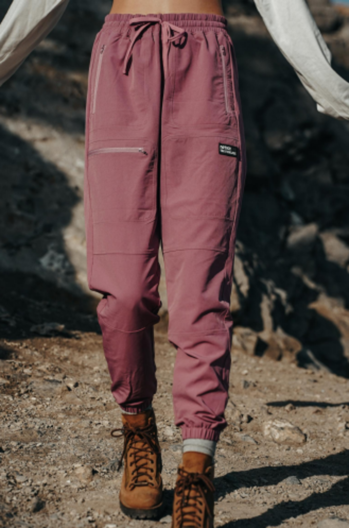 Notice the reckless BURGUNDY HIKING PANTS