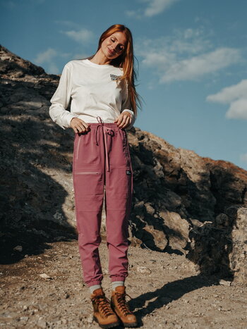 Notice the reckless BURGUNDY HIKING PANTS