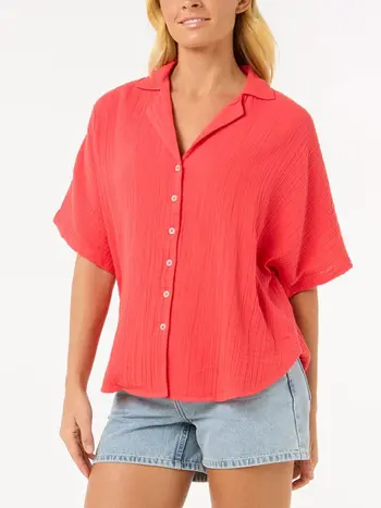 RIP CURL WOMEN'S PREMIUM SURF BUTTONDOWN HIBISCUS RED