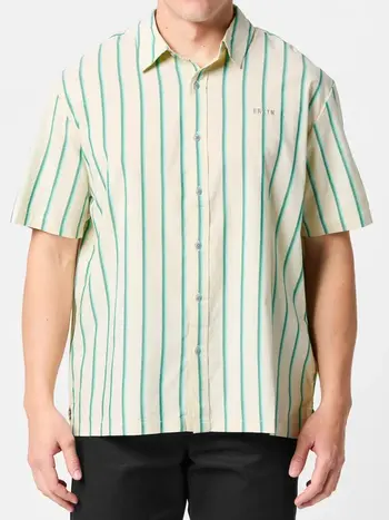 Brixton MEN'S CRU STRIPE S/S WOVEN BEIGE/PINE NEEDLE/AQUATIC GREEN