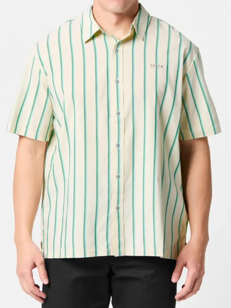 Brixton HOMMES CRU STRIPE S/S WOVEN BEIGE/PINE NEEDLE/AQUATIC GREEN