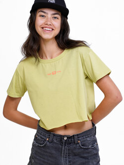 Notice the reckless FEMMES STOKED ON LIFE CROP TEE CHARTREUSE