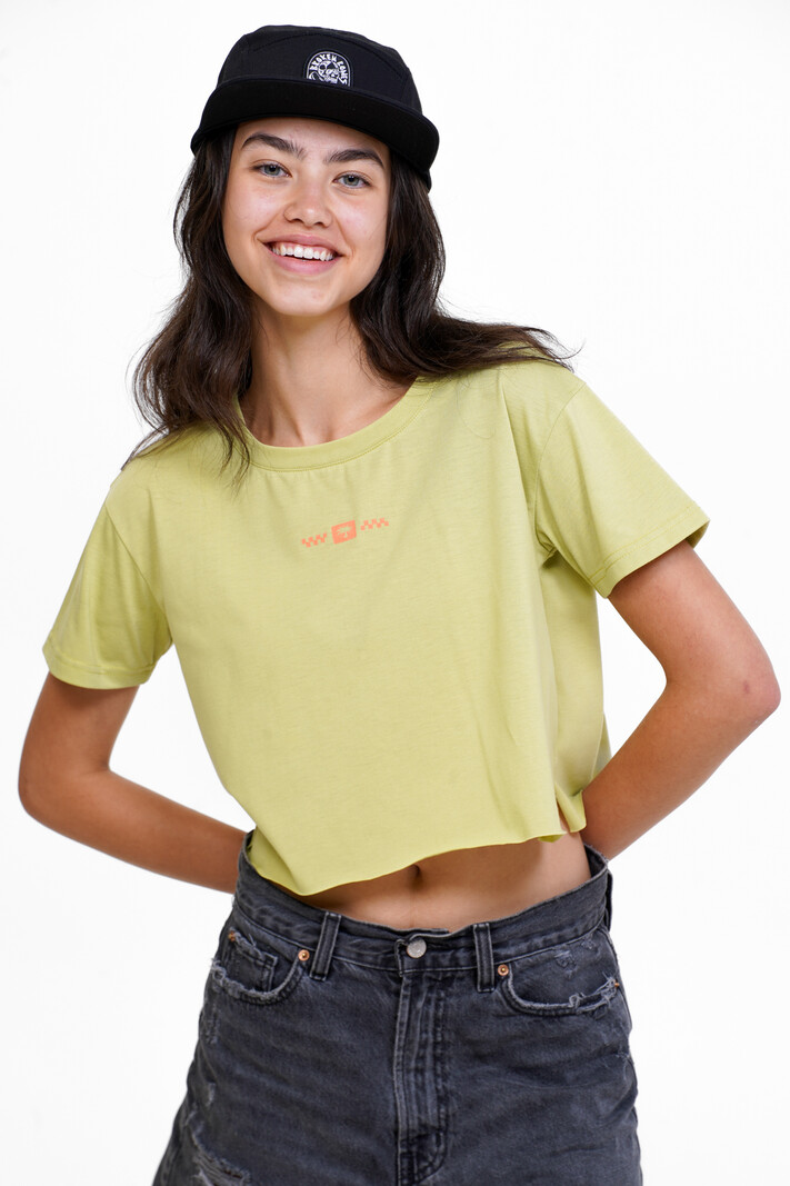 Notice the reckless FEMMES STOKED ON LIFE CROP TEE CHARTREUSE