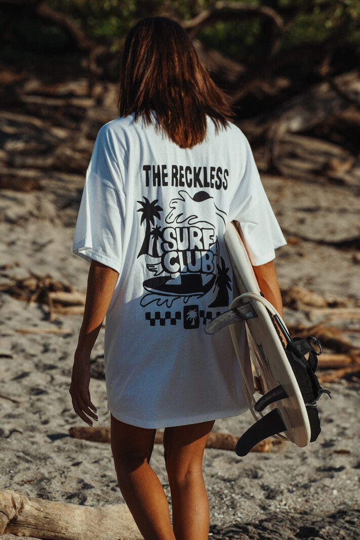 Notice the reckless FEMMES SURF CLUB TEE DRESS WHITE