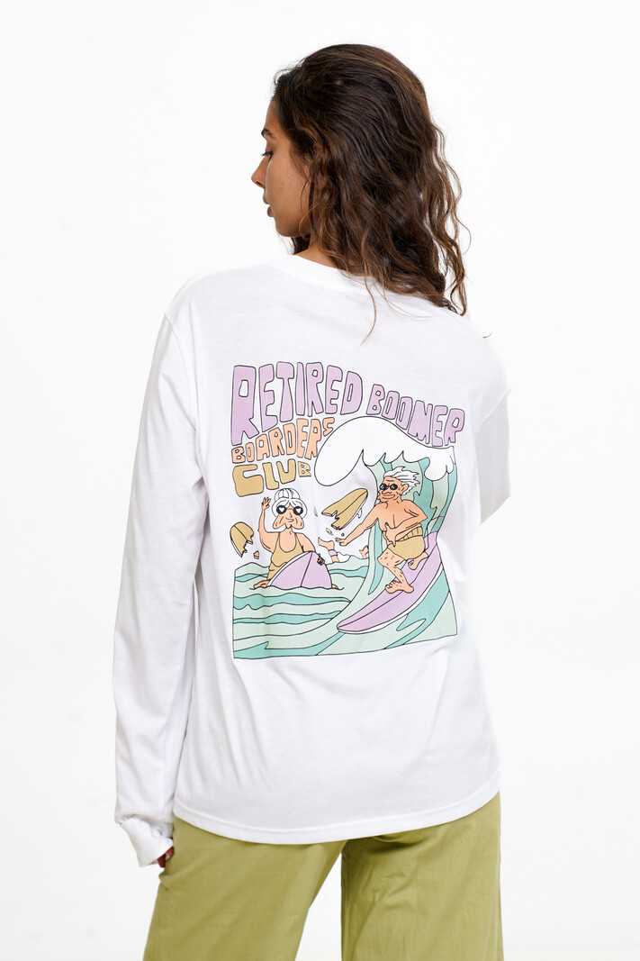 Notice the reckless FEMMES RETIRED BOARDER CLUB L/S WHITE