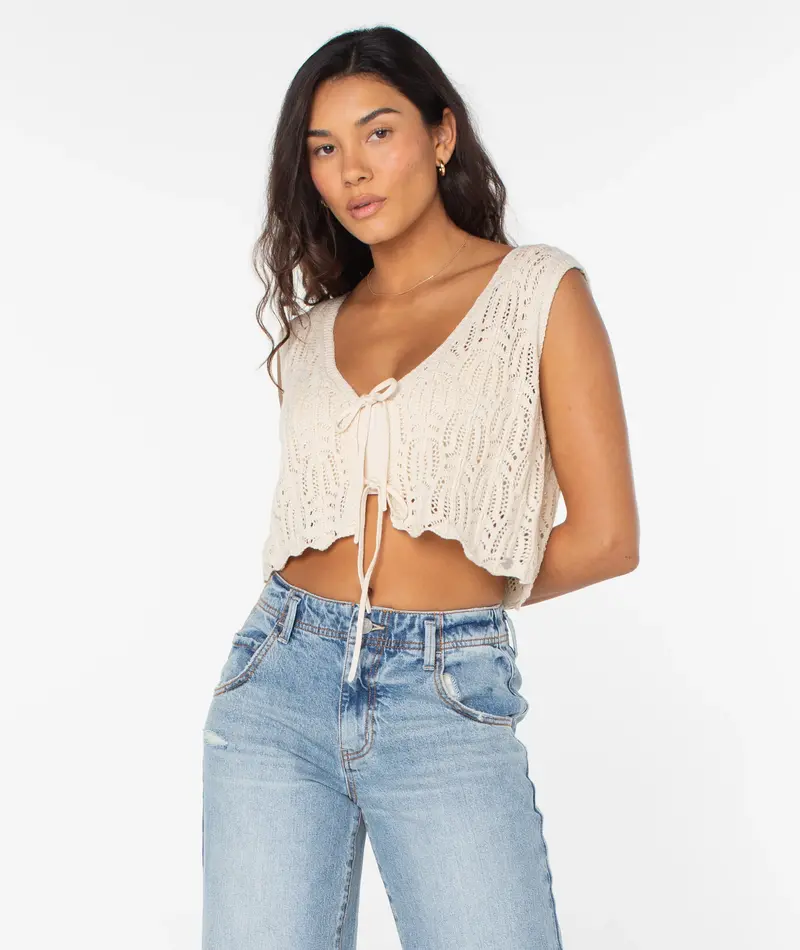 Roxy BEACH BOUND CROCHET VEST SWEATER TANK PARCHMENT