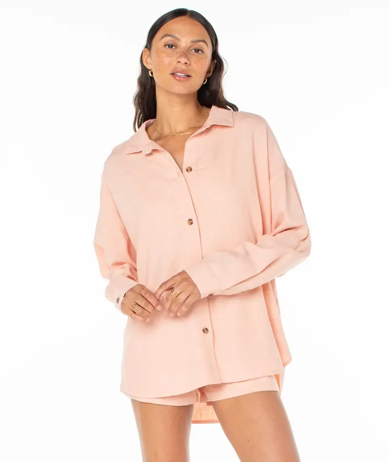 Roxy MORNING TIME LS BUTTON UP ROSE CLOUD SOLID
