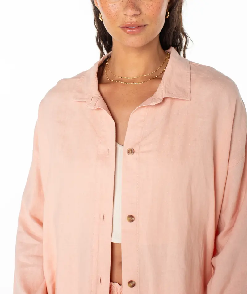 Roxy MORNING TIME LS BUTTON UP ROSE CLOUD SOLID