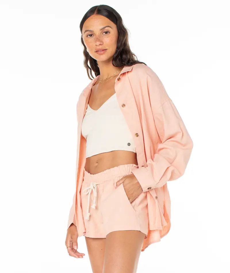 Roxy MORNING TIME LS BUTTON UP ROSE CLOUD SOLID