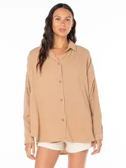 Roxy MORNING TIME LS BUTTON UP PRALINE SOL STAMP EMBY