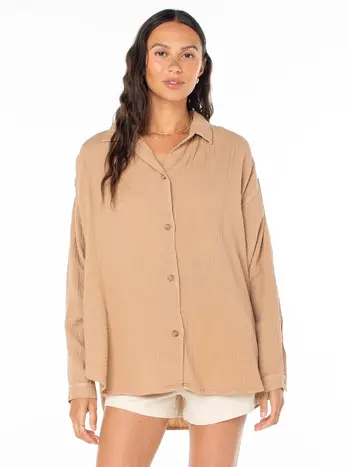Roxy MORNING TIME LS BUTTON UP PRALINE SOL STAMP EMBY