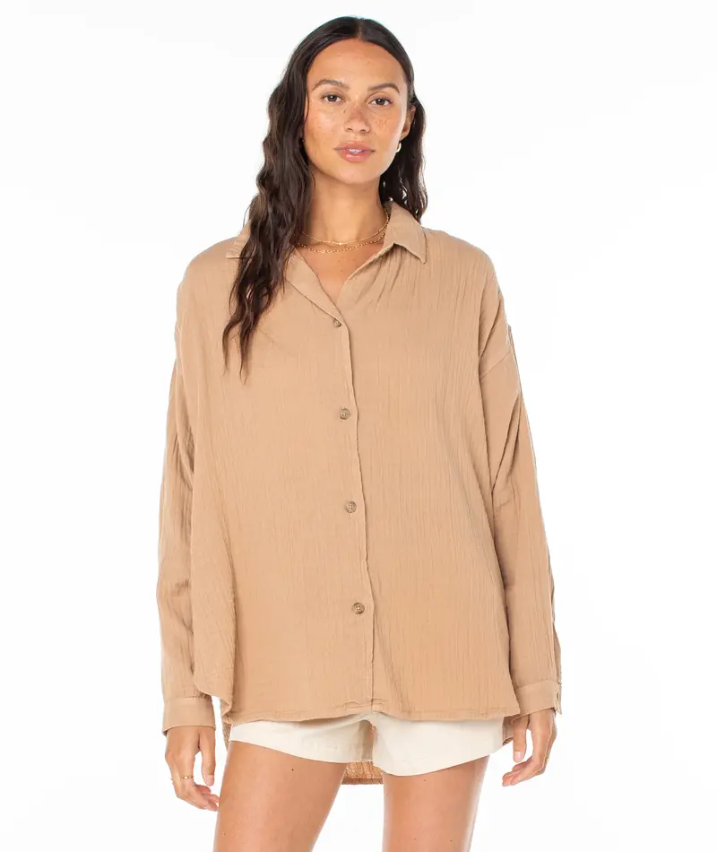 Roxy MORNING TIME LS BUTTON UP PRALINE SOL STAMP EMBY