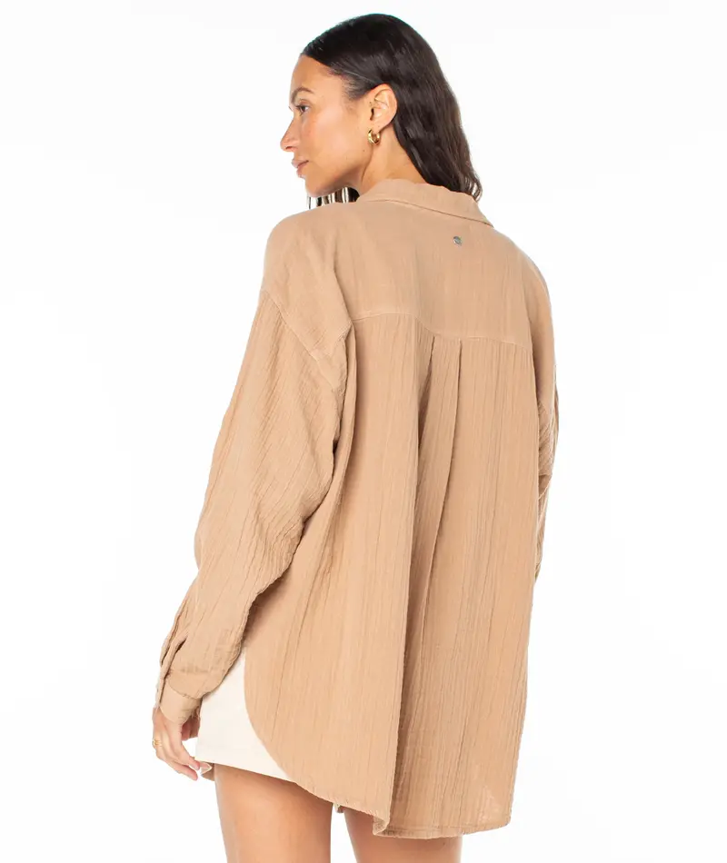 Roxy MORNING TIME LS BUTTON UP PRALINE SOL STAMP EMBY