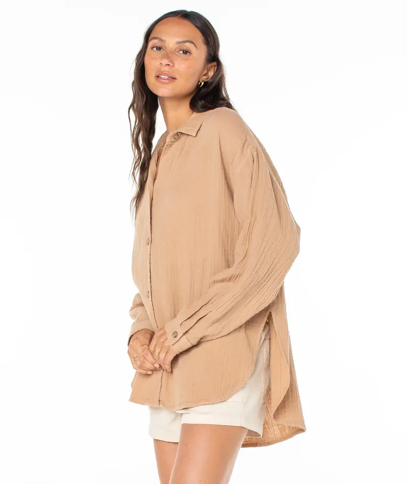 Roxy MORNING TIME LS BUTTON UP PRALINE SOL STAMP EMBY
