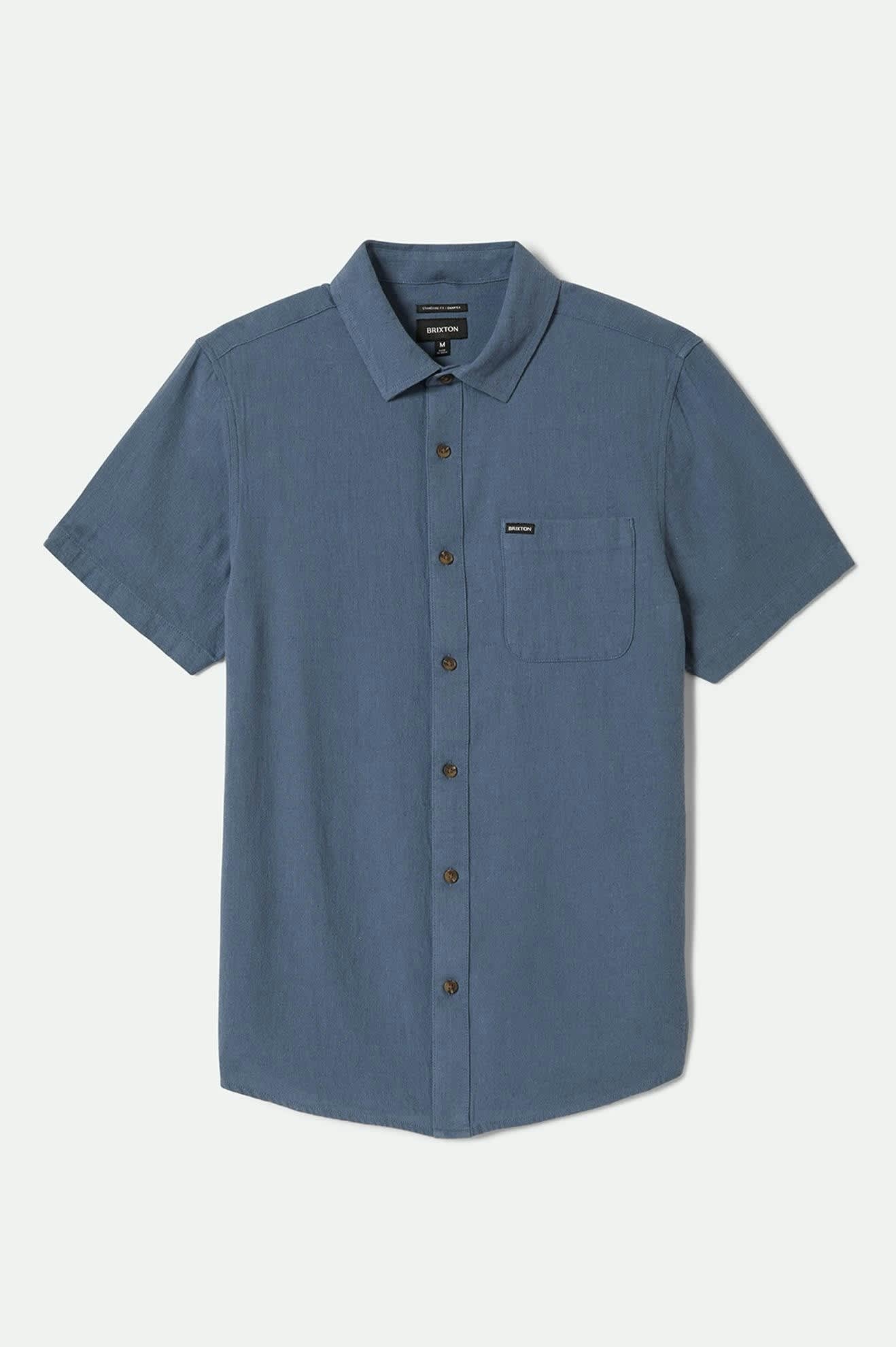 Brixton HOMMES CHARTER ORGANIC COTTON LINEN BLEND S/S SHIRT AZURE BLUE