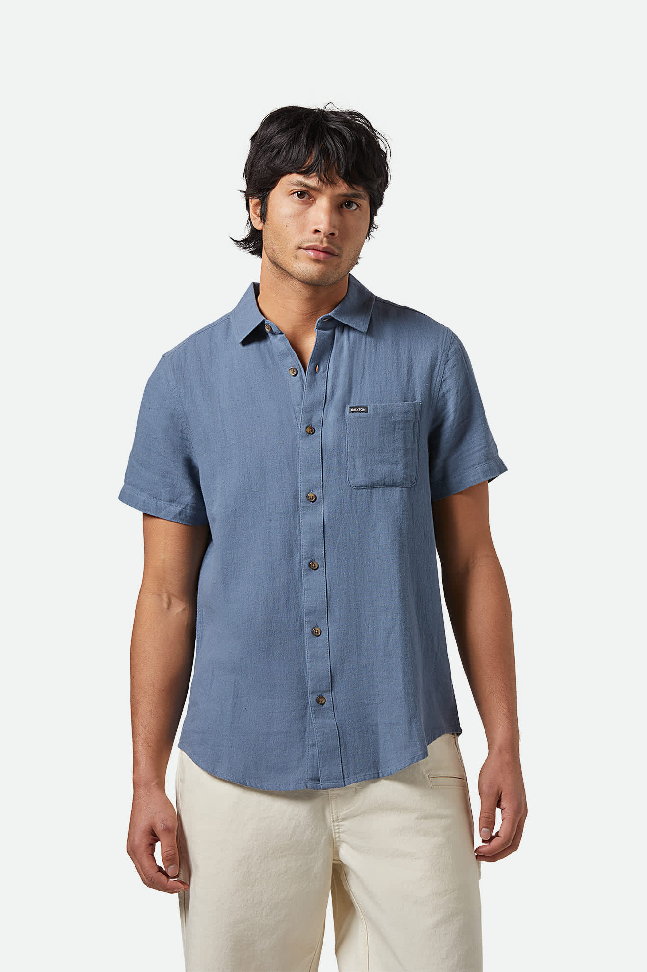Brixton HOMMES CHARTER ORGANIC COTTON LINEN BLEND S/S SHIRT AZURE BLUE