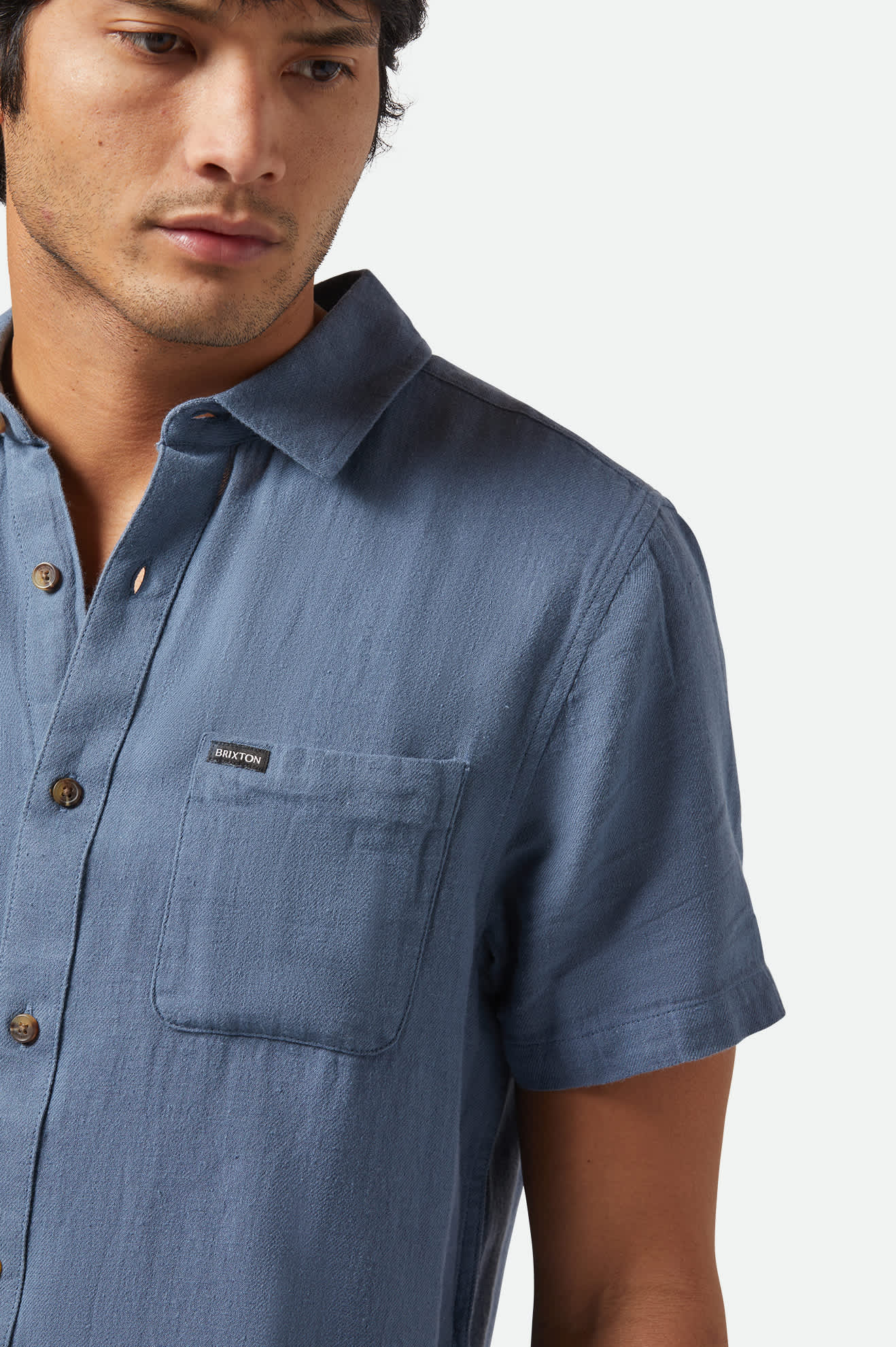 Brixton HOMMES CHARTER ORGANIC COTTON LINEN BLEND S/S SHIRT AZURE BLUE