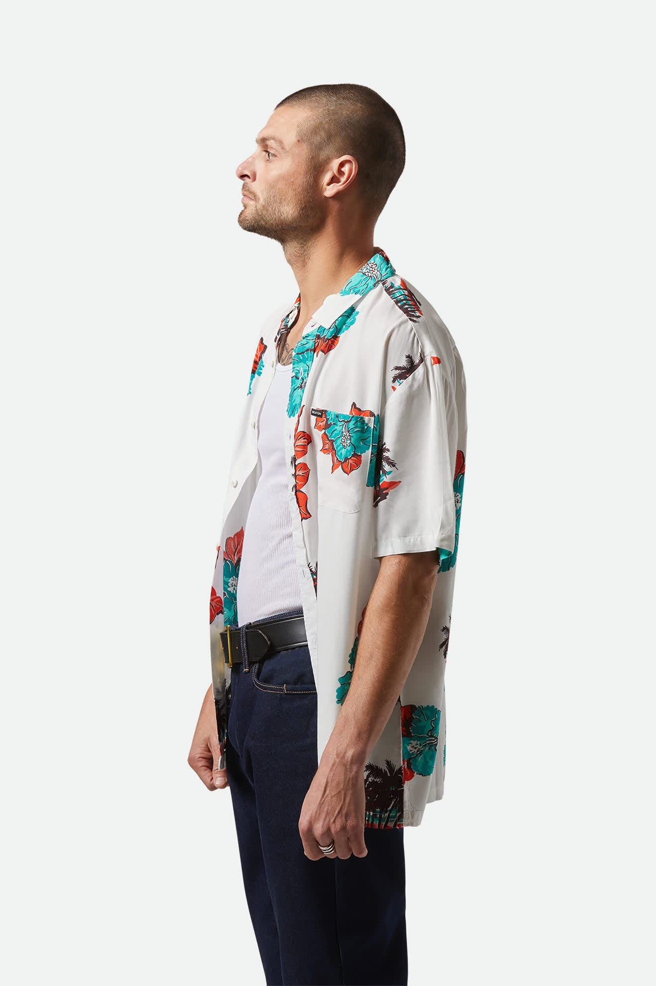 Brixton HOMMES CRU PRINT RELAXED S/S SHIRT OFF WHITE/AQUATIC GREEN FLORAL