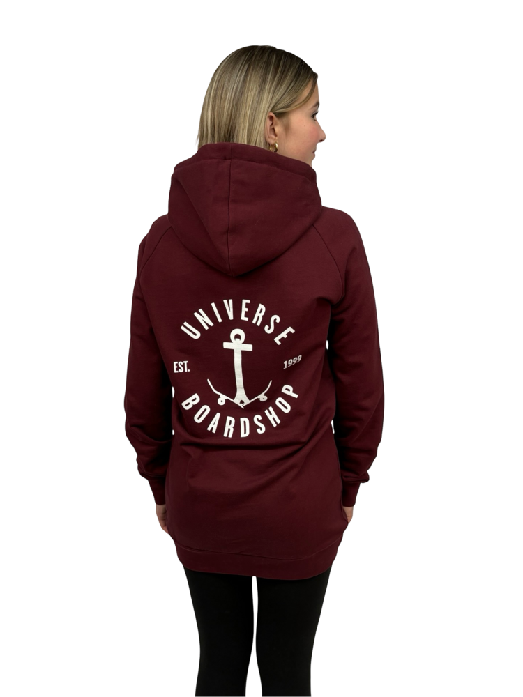 Universe Boardshop WOMEN'S ANCRE LONG PULLOVER HOODIE BURGUNDY/WHITE